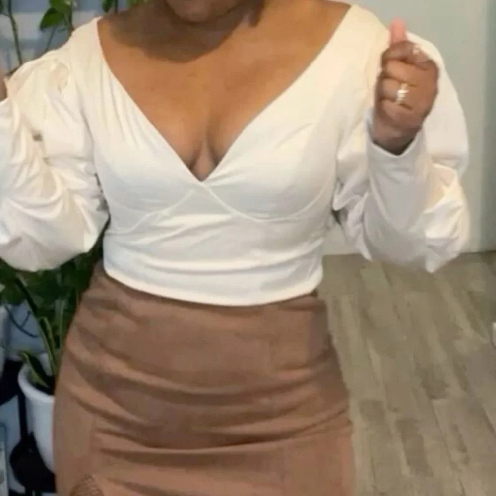 Cream / ivory Off Shoulder Bishop Sleeve puff Sleeve Zip Back Blouse - Picture 7 of 10